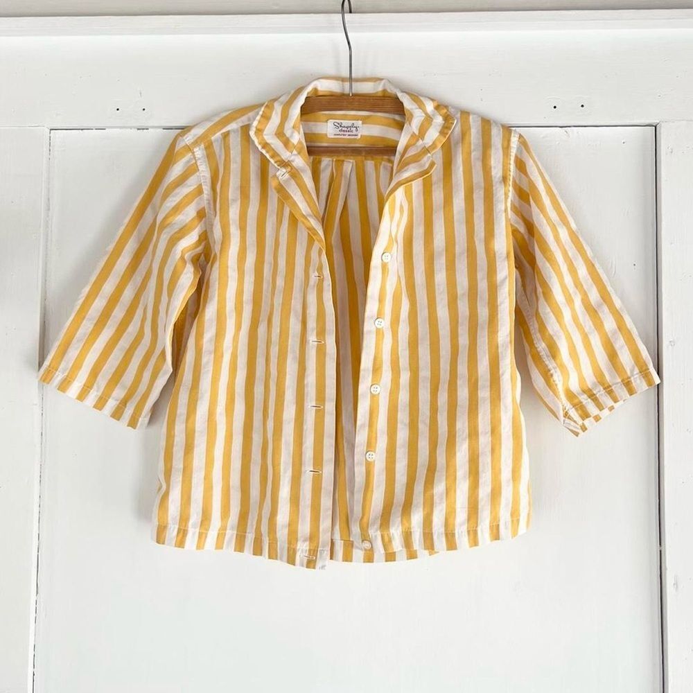 Vintage 60s Cute Retro Minimal Striped Yellow White Top XS Small Womens